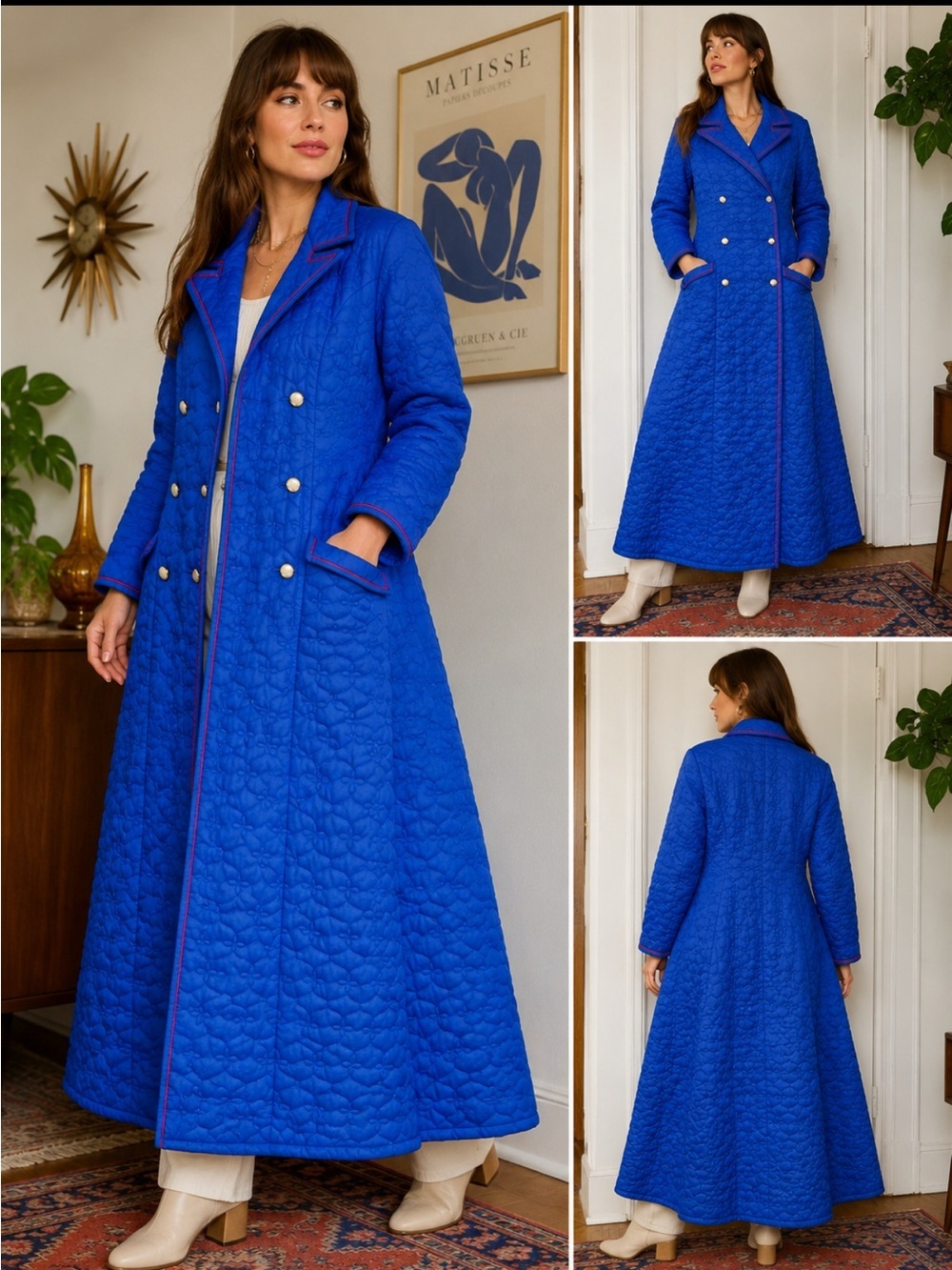 Vintage Sears At Home Wear Quilted Hostess Coat Blue red Trim Maxi Coat 12